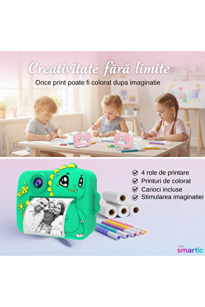 SMARTIC Aparat copii printare instant, Full HD 1080p, 48MP, 2.4", SD 32GB+4 role, selfie+4 jocuri+MP3