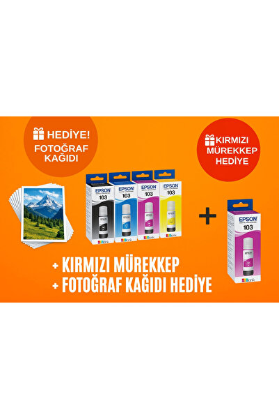 EPSON 103 Ecotank L3160 Orjinal Mürekkep Seti + 1 Kırmızı 14u487