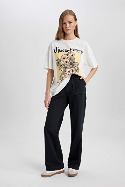 DeFacto بنطلون جبردين واسع الساق واسع الساق ذو جيوب أساسية عادية مقاس قياسي ا...