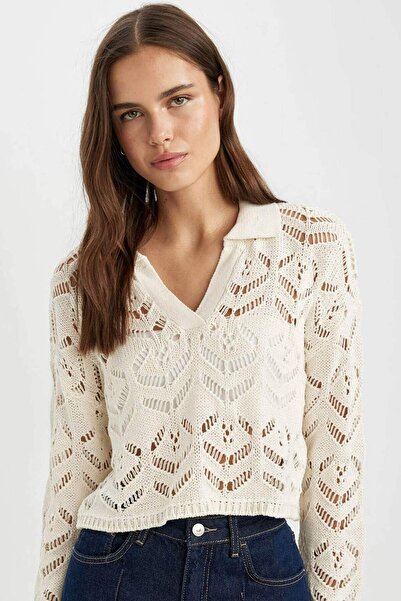 DeFacto Πλεκτό πουλόβερ Relax Fit Polo Collar Crochet C4512AX24SM