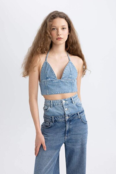 DeFacto Neckholder Crop Jean Bluse C5862AX24SP