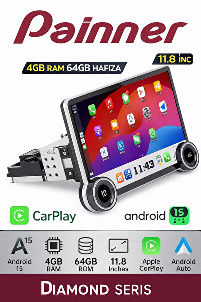 Painner Diamond 11.8inç Android Tek Din Carplay 4gb Ram 64gb Hafıza 360 Derec...