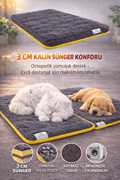 3 CM Süngerli Ortopedik Kedi Köpek Yatağı – Kaymaz Tabanlı Peluş Pet Mat Minderi
