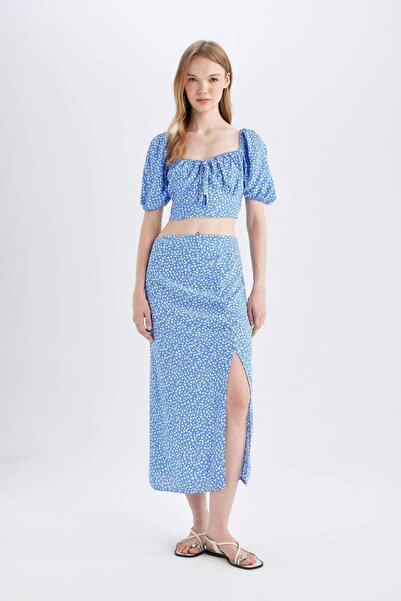 DeFacto A Kesim Desenli Yırtmaçlı Maroken Midi Etek X4116AZ24SP