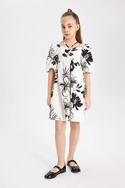 DeFacto Κοριτσίστικο βαμβακερό κοντομάνικο φόρεμα με σχέδιο C0534A824SM