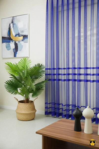 Ran Perde Şerit Desenli File Tül Perde - Saks Mavi - Pileli Dikim - 1e2,5 Pile