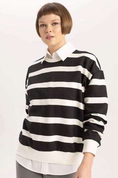DeFacto Φούτερ Relax Fit Crew Neck με ριγέ χοντρό φούτερ C1929ax23wn