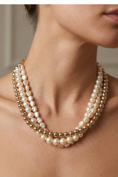 PETEK AKSESUAR ÇOKLU İNCİ METALİZE BONCUK KOLYE