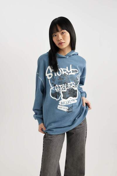 DeFacto Coool Oversize Wide Fit Printed Hooded Thick Washed Faded Effect Swea...