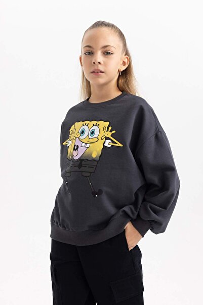 DeFacto سويت شيرت سبونج بوب كبير الحجم برقبة دائرية ورقيق من الداخل للبنات B5...