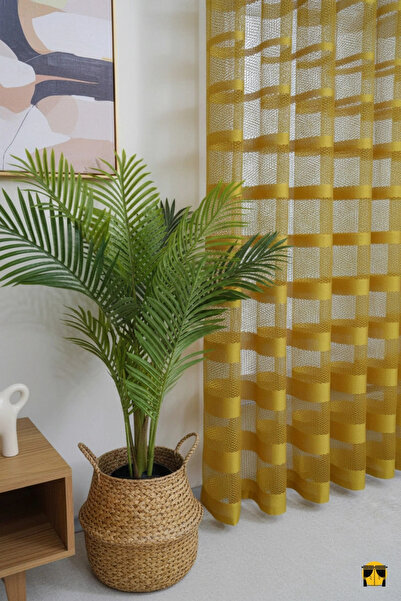 Ran Perde Şerit Desenli File Tül Perde - Hardal - Pileli Dikim - 1e2,5 Pile