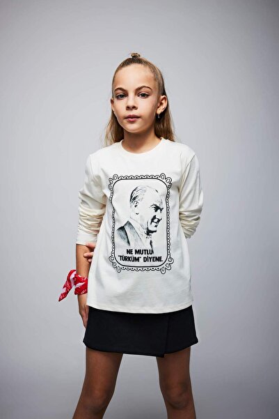 DeFacto Girls' Ataturk Printed Crew Neck Combed Cotton Long Sleeve T-Shirt B2...