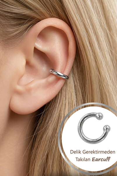 Mu Minamu Düz Sade İnce Earcuff Deliksiz Kıkırdak Küpesi