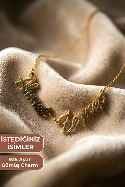 ZOLESSA Kadın Kişiye Özel 2 İsimli Kolye Gold Rengi 925 Ayar Gümüş Charmlı Se...