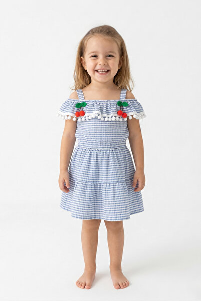 Girl Cherry Detailed Plaid Blue Luxury Dress