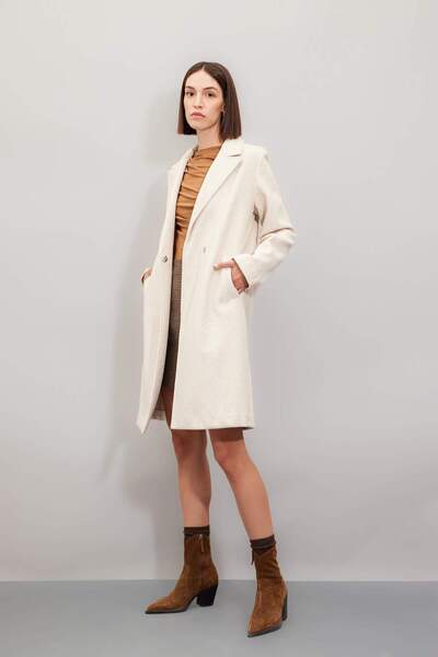 DeFacto Long Cashmere Coat Regular Fit Double Breasted Lapel Snap Closure wit...