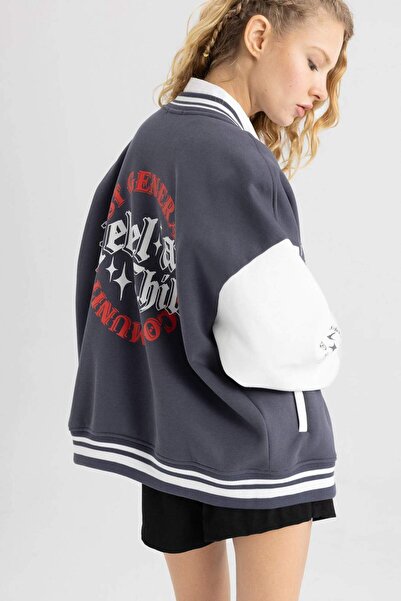 DeFacto Jachetă bomber supradimensionată - guler pentru colegiu, imprimeu pe ...