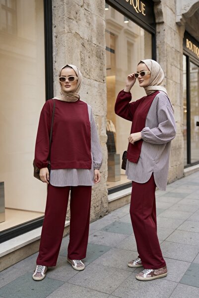 Aselim Hijap Moda طقم مكون من قطعتين مع تونيك بتفاصيل قميص مخطط |   بنطلون وا...