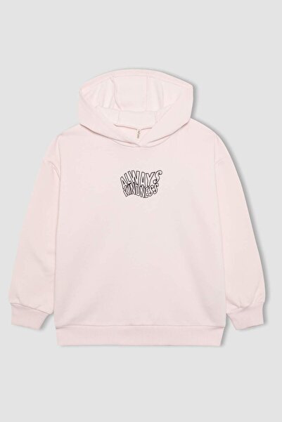 DeFacto سويت شيرت بناتي كبير الحجم ذو مقاس واسع مطبوع بغطاء رأس ذو فرو ناعم م...