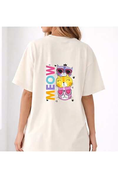 Kedi Figürlü Açık Ekru Ovetsize %100 Pamuklu T-Shirt