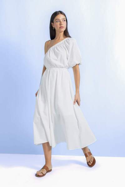 DeFacto One Shoulder Poplin White Short Sleeve Midi Dress A9416Ax23Hs