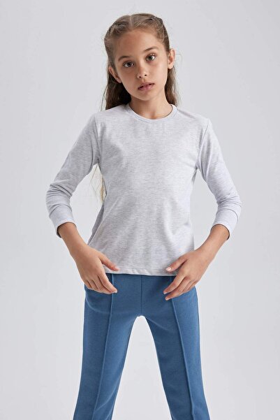 DeFacto Girls' Gray Crew Neck Combed Cotton Long-Sleeved School T-Shirt U6810...