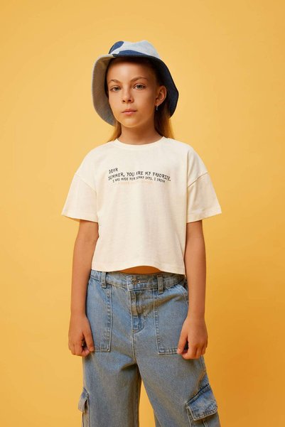 DeFacto Girls' Crop Printed Short Sleeve T-Shirt B0748A823Hs