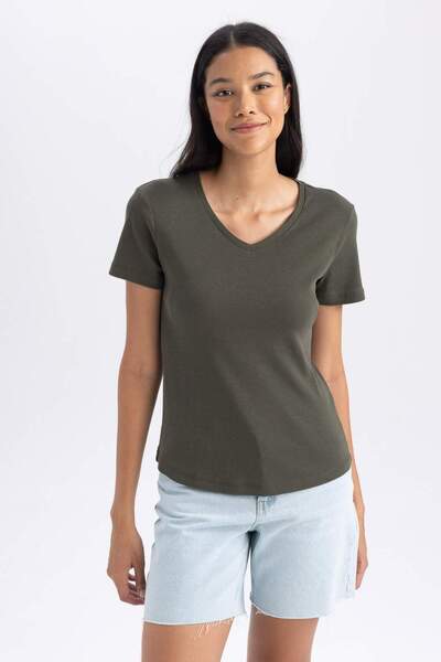 DeFacto Slım Fıt Ribana Kısa Kollu Tişört B0647AXNS