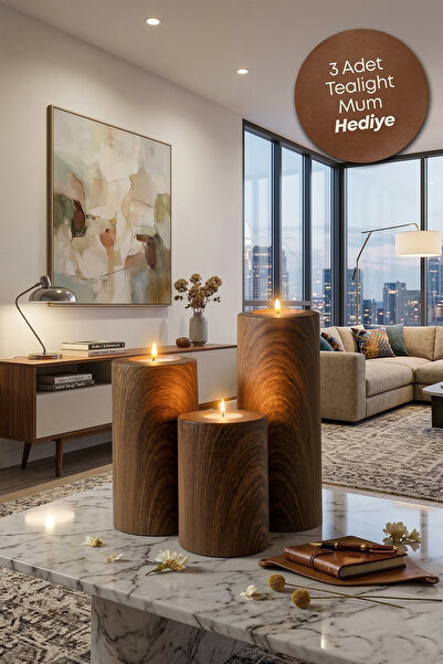 PRİME HOME 3 Lü Ahşap Kaplama Yüzey Mumluk Dekoratif  Tealight Set Mum Abs Pl...