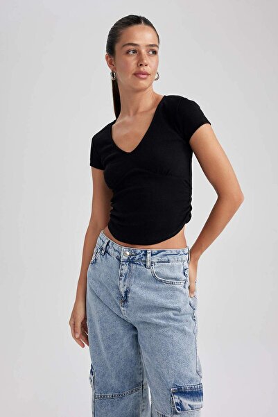 DeFacto Slim Fit V λαιμόκοψη κοντομάνικο μπλουζάκι με κορδόνι B2022ax23hs