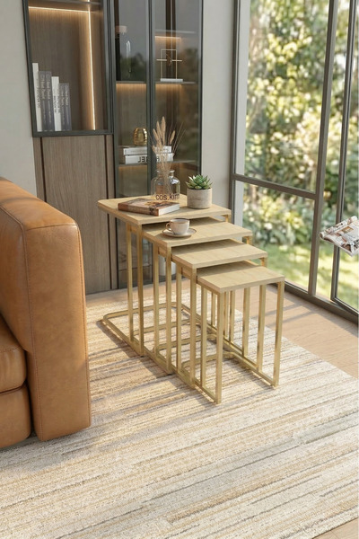 Cos.kim Koltuk Altı Sehpası Tekerli Zigon 4 lü Zigon Sehpa Takımı Mat Gold Me...