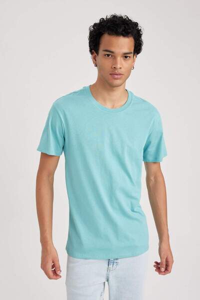 DeFacto 100% βαμβακερό μπλουζάκι με λεπτή εφαρμογή με λαιμόκοψη Basic μονόχρω...