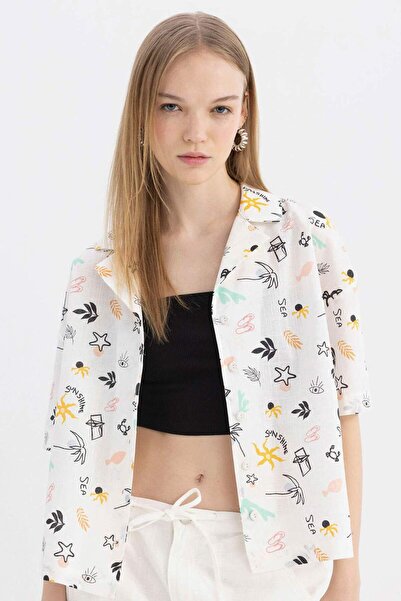 DeFacto Coool Oversize Pijama Yaka Desenli Kısa Kollu %100 Pamuk Gömlek A6863...
