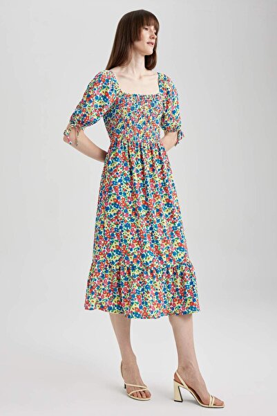 DeFacto Square Neck Floral Midi Short Sleeve Short Sleeve Dress Y7034Az23Hs