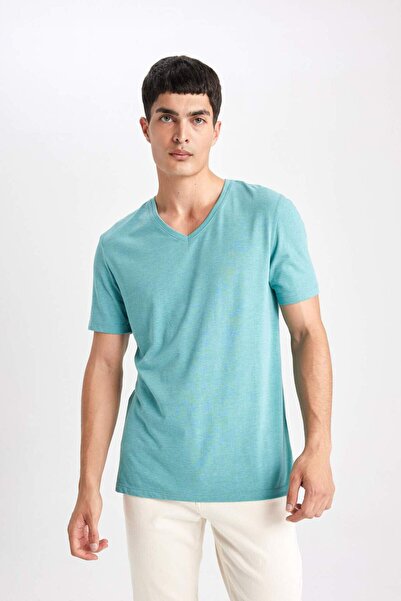 DeFacto Slim Fit Slim Fit V-Neck Basic Solid Short Sleeve Cotton T-Shirt M766...