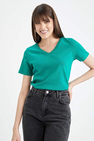 DeFacto Slim Fit Slim Fit V λαιμόκοψη Rib Basic μονόχρωμο 100% βαμβακερό κοντ...