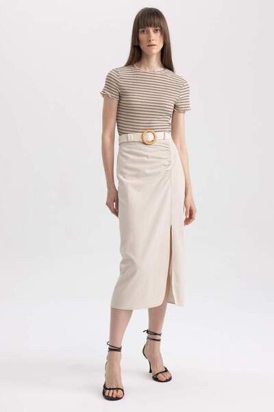 DeFacto Straight Fit Normal Waist Slit Linen Mixed Midi Skirt A7321Ax23Sm