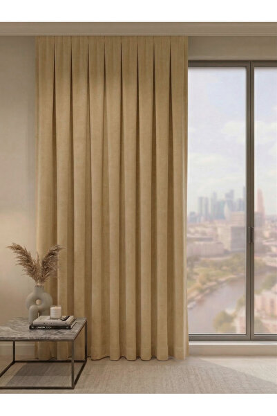 Bercem Home Κουρτίνα φόντου με βελούδινη υφή και πιέτες - Μπεζ - Πυκνές πιέτε...