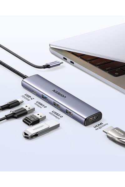 Ugreen Revedok 5-in-1 Type-C Giriş 3xUSB-A, 1xUSB-C PD 100W, 1x 4K/30Hz HDMI - Gri