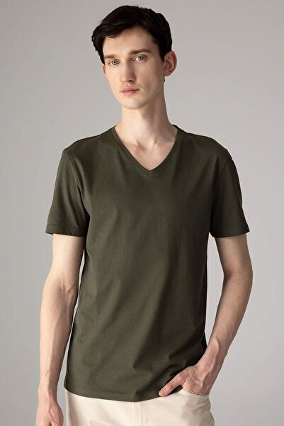 DeFacto Slim Fit Slim Fit V λαιμόκοψη Basic μασίφ κοντομάνικο μπλουζάκι 100% ...