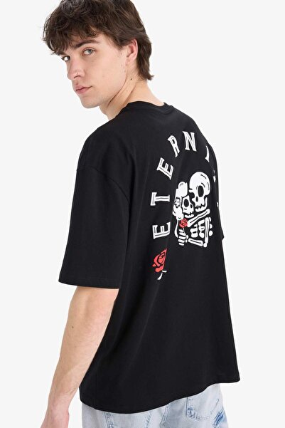 DeFacto Μπλουζάκι με κοντό μανίκι 100% βαμβάκι με στάμπα Oversize Fit Crew Ne...