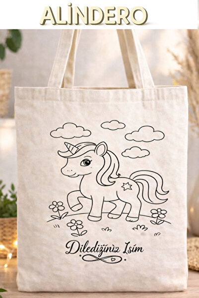Alindero Kişiye özel isimli bez çanta çocuk boyama çantası UNİCORN tote bag D...