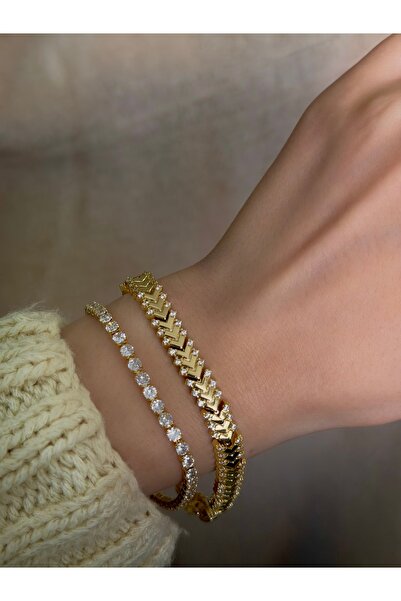 Nis Accessories 14 Ayar Altın Kaplama Balıksırtı Taş Detaylı Bileklik