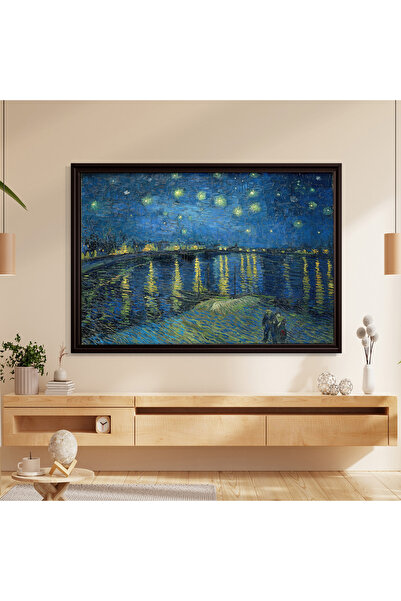 Rhone Üzerinde Yıldızlı Gece (1888) – Vincent van Gogh - Klasik - Kahverengi Çerçeveli Kanvas Tablo