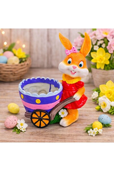 velve Decoratiune de Paste iepuras fetita din rasina cu carut tip ghiveci