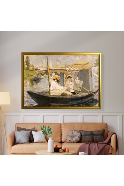 Claude Monet Stüdyo Teknesinde (1874) - Édouard Manet - Gold Çerçeveli Kanvas Tablo