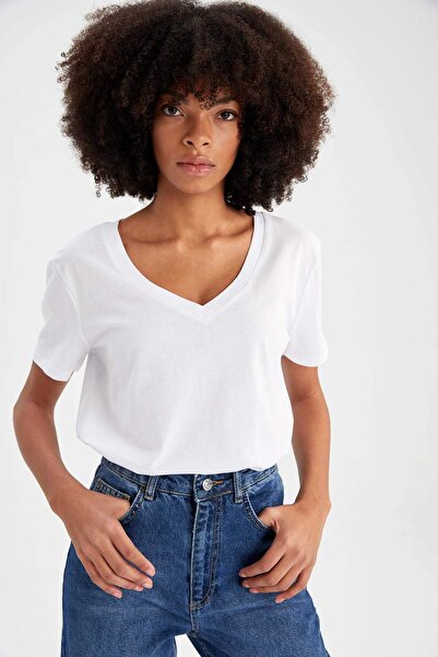 DeFacto Tricou cu mânecă scurtă, 100% bumbac, cu decolteu în V, M9545AZ22SP