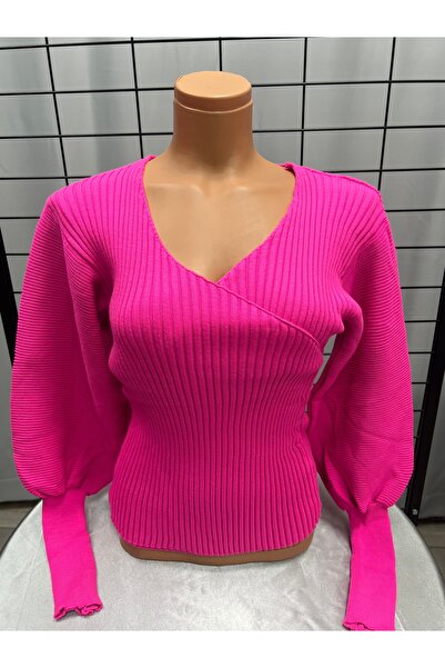 ARICA GİYİM Kadın Fuşya Kruvaze Yaka Balon Kol Fitilli Triko Kazak