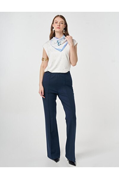 Kayra Cima Stitched Knitted Spanish-Cut Trousers Dark Navy Blue