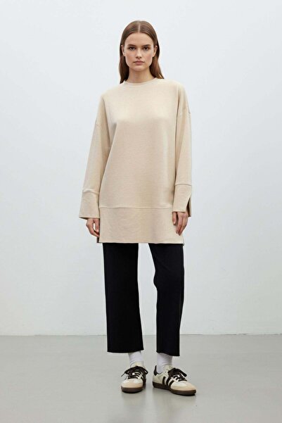 Loreen تونيك نسائي محبوك برقبة دائرية وأكتاف منخفضة -20735TUN - بيج غامق